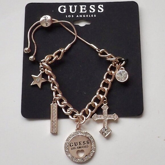Guess Rose Gold colored Charm Bracelet Adjustable Cross Circle Pendant Star NWT - Picture 5 of 5